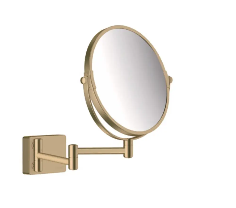 Wandmontierter Spiegel mit drehbarem Arm in gebürstetem Bronze-Finish von Hansgrohe. Schlichtes Design, geeignet für Badezimmer oder Rasieranwendungen.